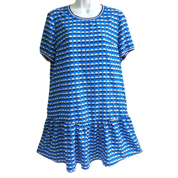 Dior SiLK Blue Printed Dress Knit Crewneck Cuffs Ruffle Hem...